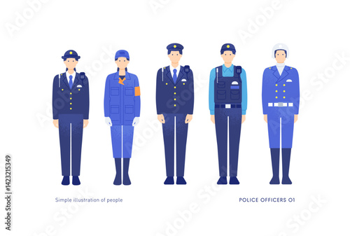 警察官と白バイ隊員と鑑識官のイラスト。若い男女のベクターイラスト素材。