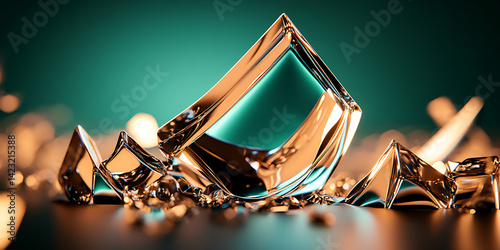 Stylized arrangement of crystal-like shards on a reflective surface showcasing brilliant colors