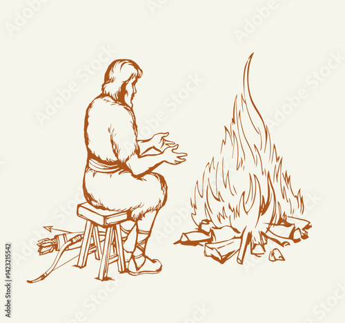Vector drawing. Ancient man warming himself by the fire