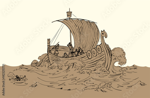 Vector drawing. Sailors on a ship in a storm
