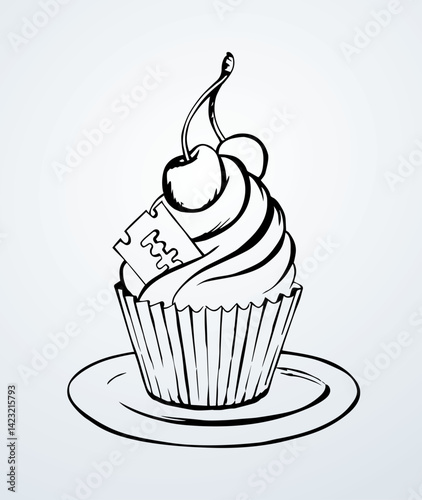 Vector drawing. Cake with cherries and razor blade