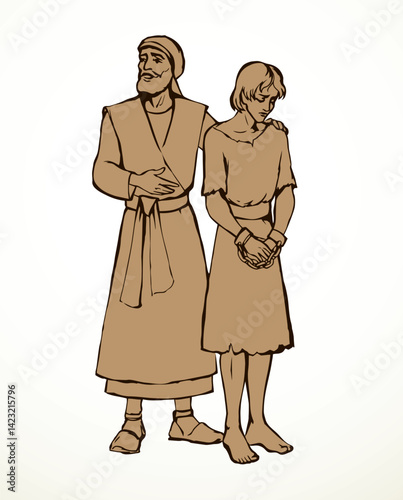 Vector drawing. Slave sold in the market