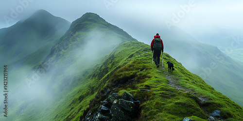 A lone hiker and his dog trek along a misty mountain ridge path It evokes a sense of adventure and freedom Use it for travel and adventure themes