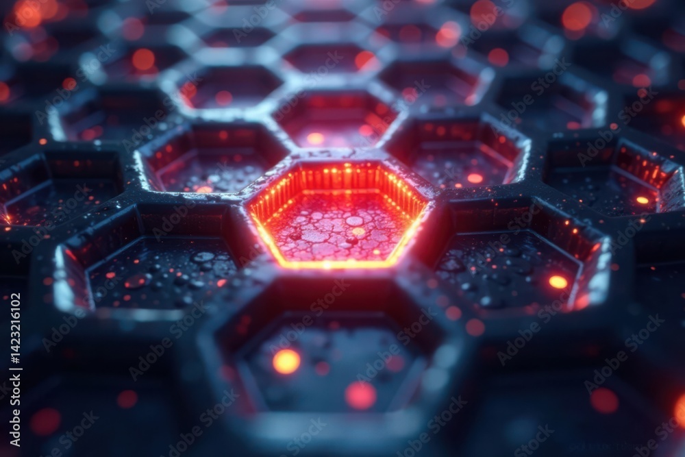 Fototapeta premium Hexagonal metallic grid with soft glowing light emanating from within, ambient, neon
