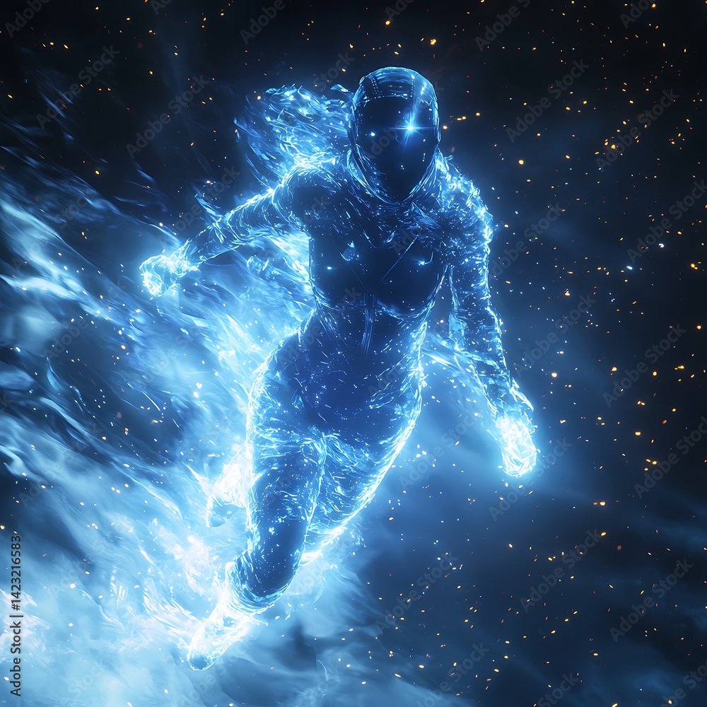 Fototapeta premium Female sci fi hero blasting forward high resolution picture