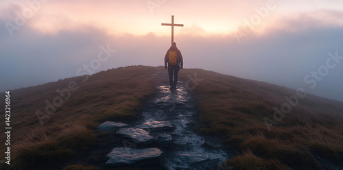 A lone hiker walks a path toward a cross atop a misty mountain during a stunning sunset.  The scene evokes feelings of peace and faith. Perfect for spiritual or travel themes.