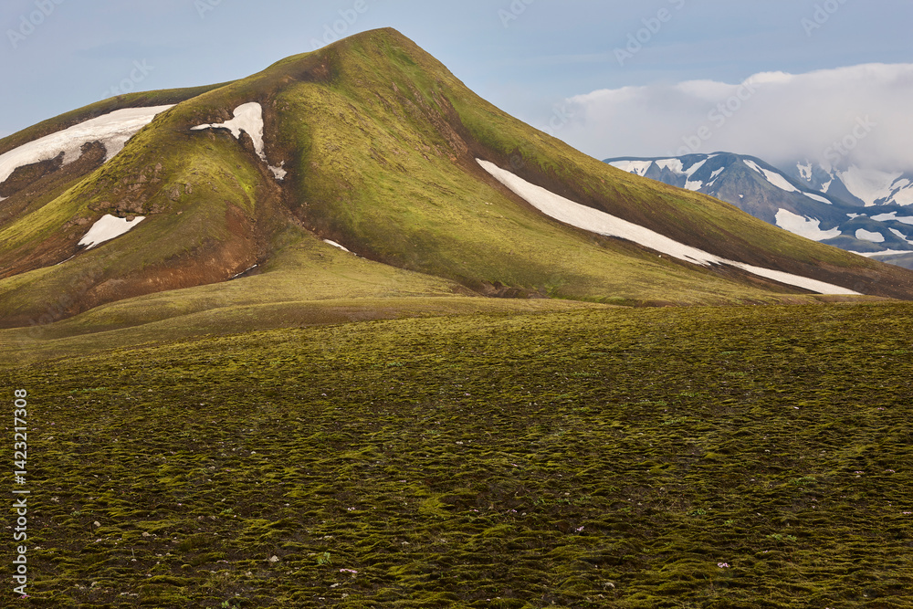 Green mountain landscape with snow. Fjallabak. South area. Iceland