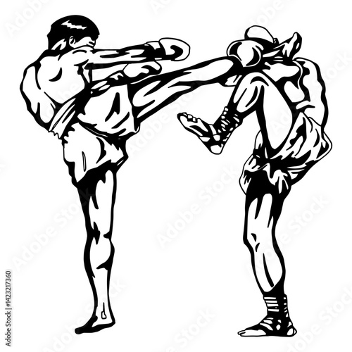 illustration showcasing a Muay Thai fighter executing a leg kick against an opponent who is guarding.