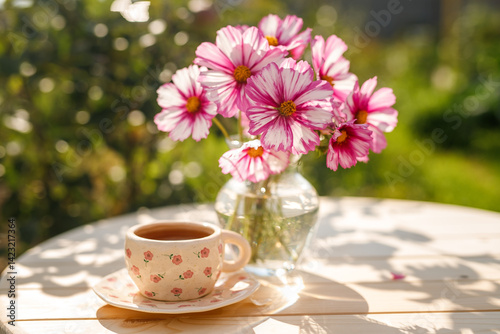 Summer still life. Beautiful roses flowers stand in a vase on a wooden table with a cup of tea.