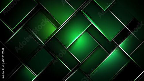 Complex arrangement of green squares creating depth and dimension in a sleek modern design