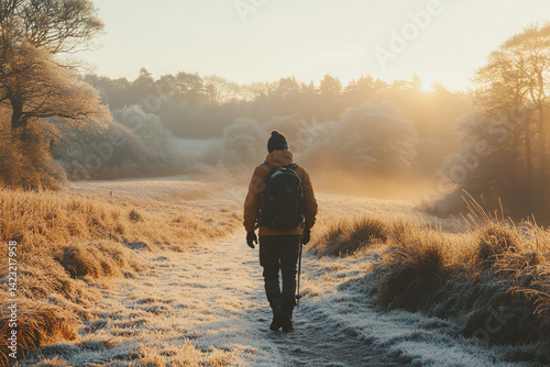 Lone hiker walks frosty field at sunrise, enjoying peaceful winter landscape. Perfect for travel blogs and outdoor gear websites.