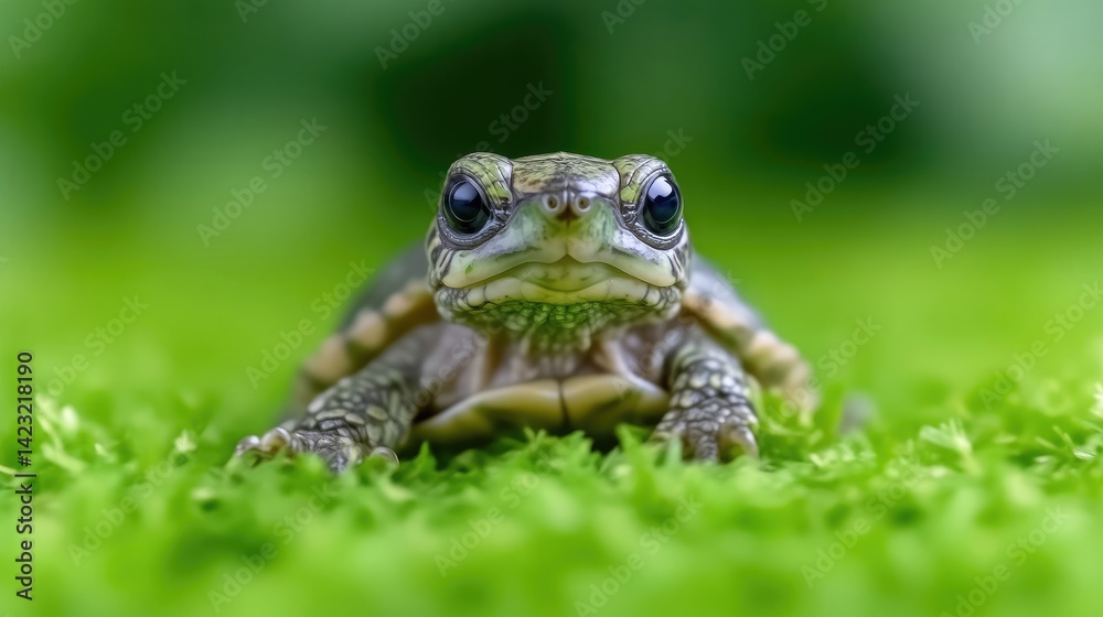 Fototapeta premium Close-up of a tiny turtle on moss. A young turtle, in focus, sits amidst vibrant green moss. Its eyes are large and expressive, and its shell is a mix of brown and green