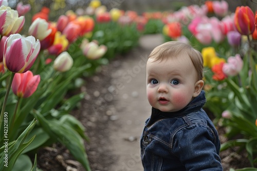 A garden path with colorful tulips on both sides. A toddler toddles past the flowers with wide eyes. The mood is gentle and cheerful