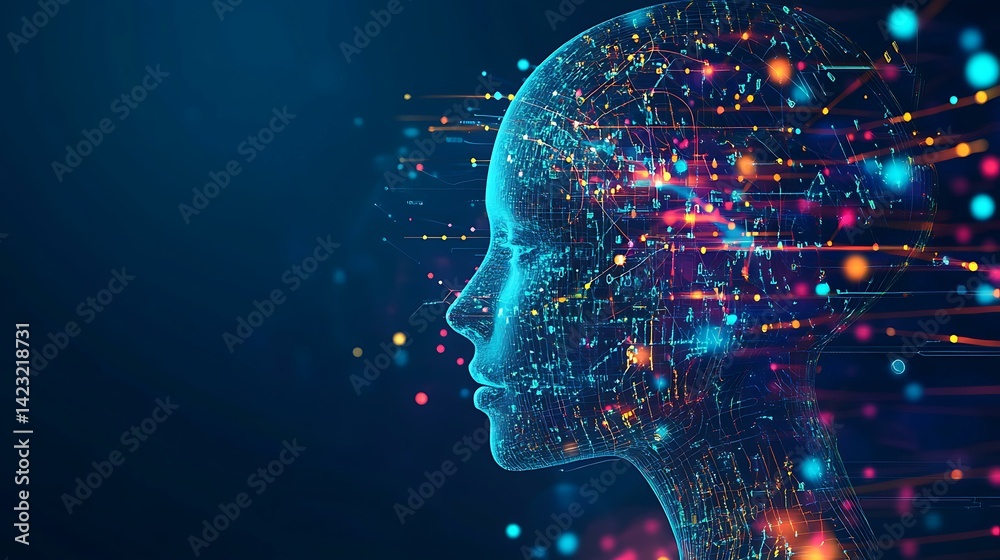 Abstract AI face made of data and glowing lines, futuristic background Abstract AI face made of data and glowing lines, futuristic background