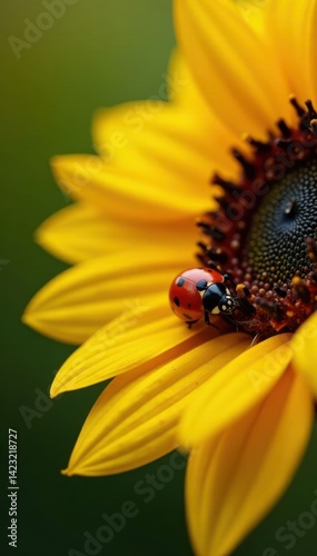 Ladybug resting on the petals of a sunflower, nature, yellow