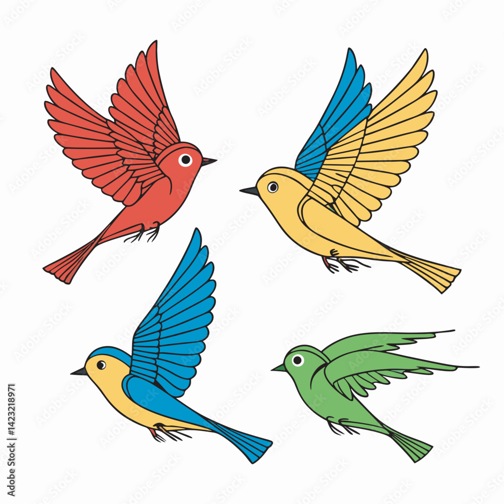 Naklejka premium Four cute flying birds vector art illustration.