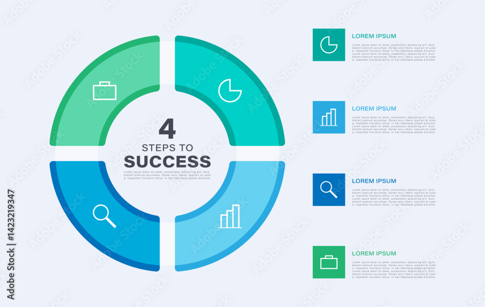 Four-part pie chart with icons and space for data. Infographic design template Four-part pie chart with icons and space for data. Infographic design template