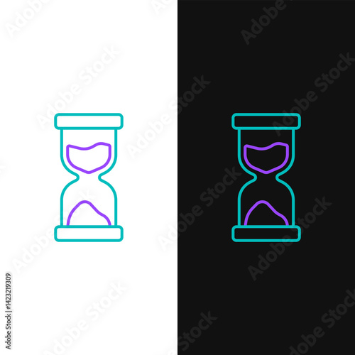 Line Old hourglass with flowing sand icon isolated on white and black background. Sand clock sign. Business and time management concept. Colorful outline concept. Vector