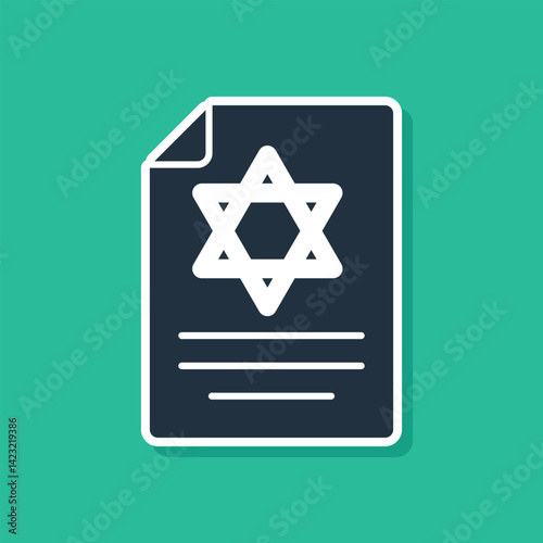 Blue Torah scroll icon isolated on green background. Jewish Torah in expanded form. Star of David symbol. Old parchment scroll. Vector