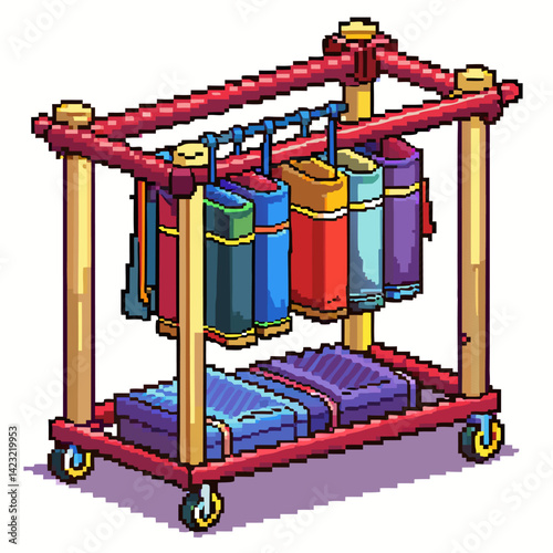Pixel Art Book Cart with Vibrant Bags and Books on Wheels