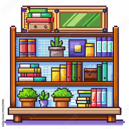 Pixel Art Bookshelf with Colorful Books and Plants for Cozy Interior Design