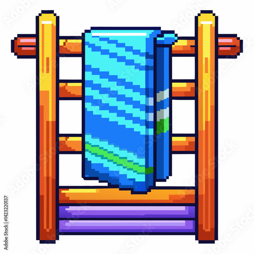 Pixel Art Towel on Wooden Rack Retro Style  Illustration