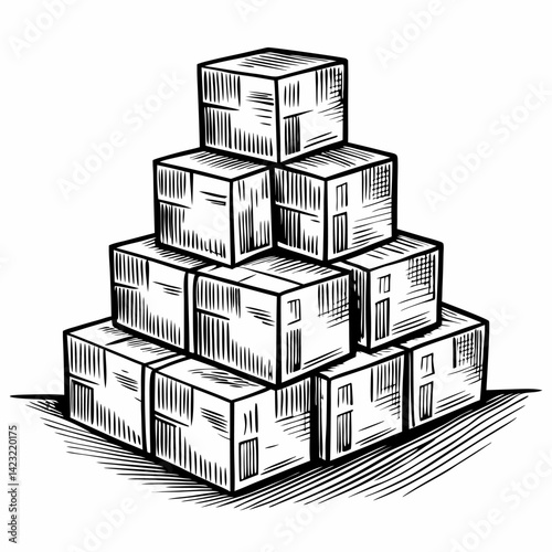 Hand Drawn Stack of Boxes in Black and White  Graphic Illustration