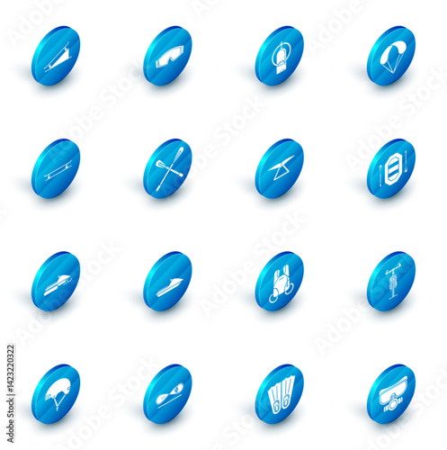 Set Ski goggles, Aqualung, Parachute, Skateboard, Snowmobile, Crossed paddle, Rafting boat and Hang glider icon. Vector