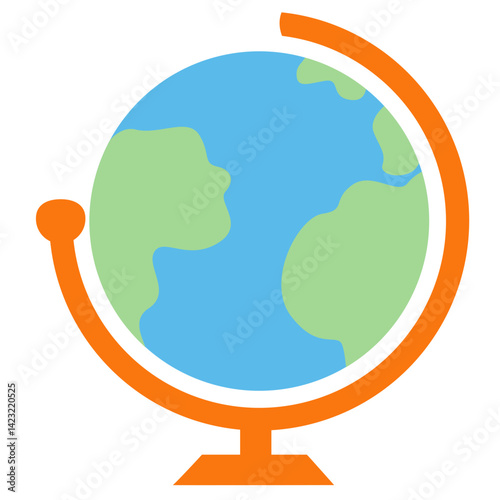 Flat design globe with green continents and blue oceans on orange stand. Ideal for education, geography, travel, and learning-themed visual or web content.