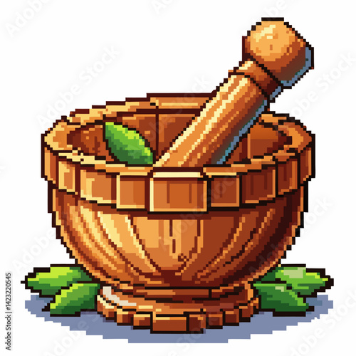 Pixel Art Mortar and Pestle with Herbs Retro Style Kitchen Illustration