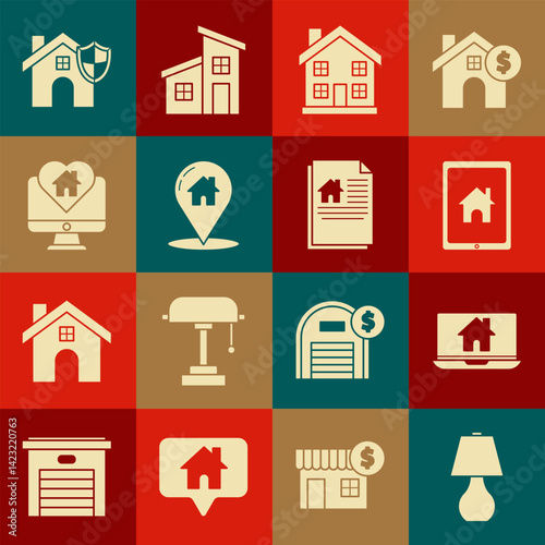 Set Table lamp, Laptop and smart home, Tablet, Home symbol, Map pointer with house, Monitor heart shape, House shield and contract icon. Vector