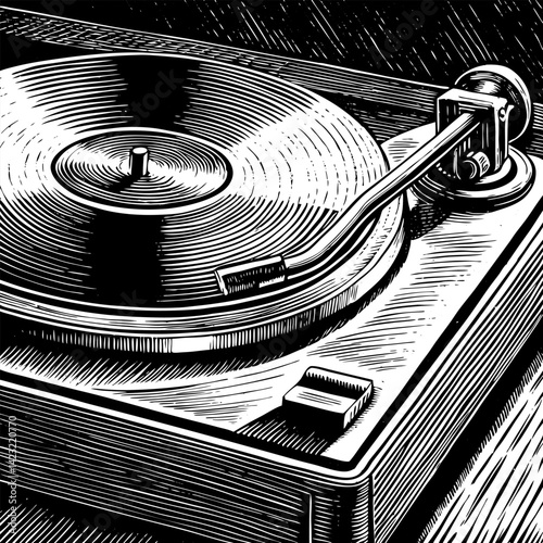 Vintage Vinyl Record Player in Black and White Woodcut Style Illustration