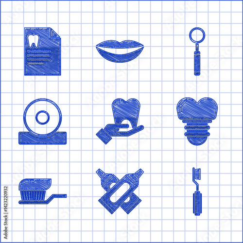 Set Tooth, Crossed tube of toothpaste, Toothbrush, Dental implant, with, Otolaryngological head reflector, inspection mirror and Clipboard dental card icon. Vector