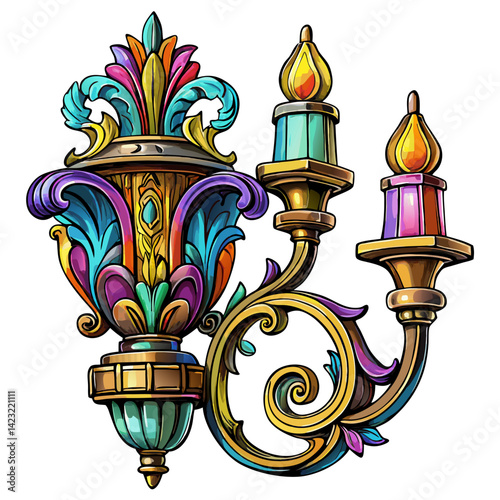 Vintage Ornate Wall Sconce Illustration with Colorful Intricate Design