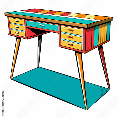 Colorful Retro Desk Illustration with Mid Century Modern Design and Vibrant Stripes