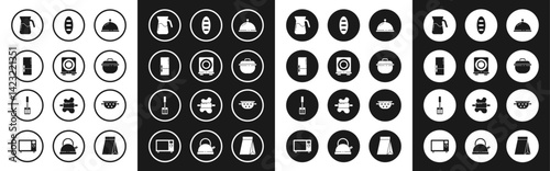 Set Covered with tray of food, Electric stove, Refrigerator, Jug glass water, Cooking pot, Bread loaf, Kitchen colander and Spatula icon. Vector
