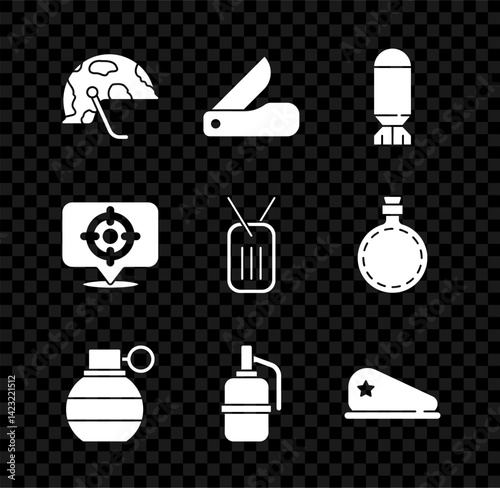 Set Military helmet, Swiss army knife, Aviation bomb, Hand grenade, beret, Target sport and dog tag icon. Vector