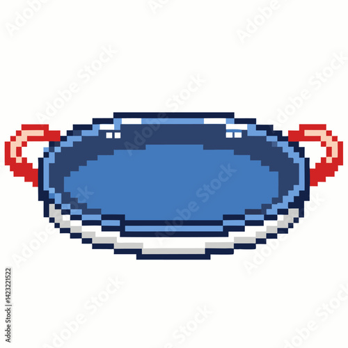 Pixel Art Empty Paella Pan with Red Handles in Retro Style