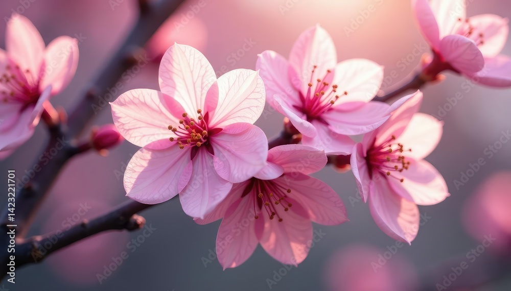 Fototapeta premium Delicate pink cherry blossoms, soft petals, intricate design, floral pattern, illustration