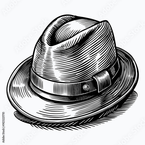 Vintage Fedora Hat Illustration in Classic Engraving Style for Retro Fashion Design