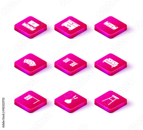 Set Office desk, Vase, Sofa, Chair, Furniture nightstand and icon. Vector