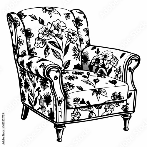Elegant Floral Armchair Illustration in Black and White  Style