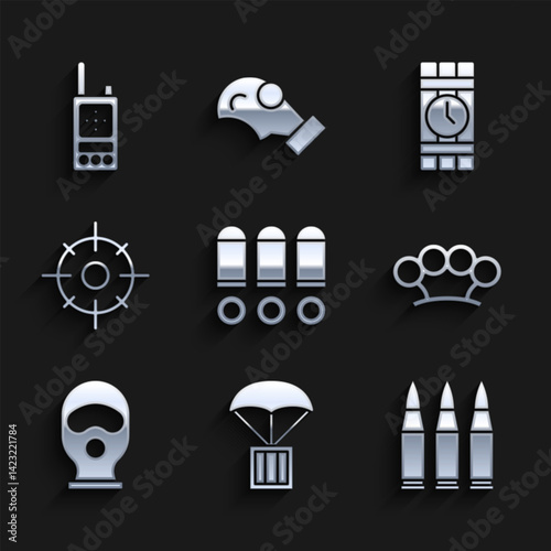 Set Bullet, Airdrop box, Brass knuckles, Balaclava, Target sport, Dynamite and timer clock and Walkie talkie icon. Vector