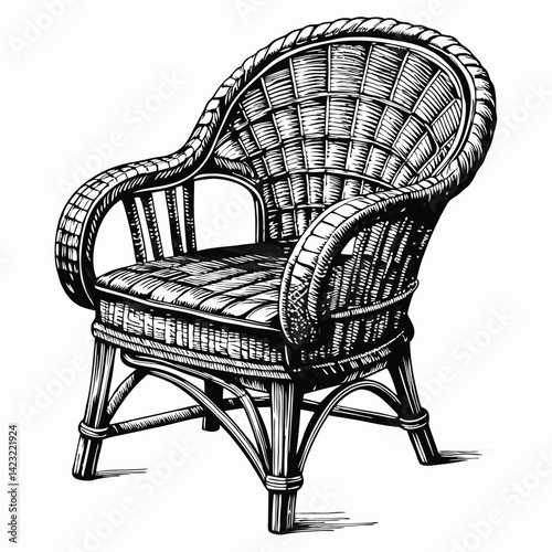 Intricately Detailed Vintage Rattan Chair in Black and White Illustration