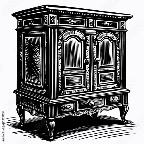 Vintage Wooden Cabinet Engraving Antique Furniture  Illustration