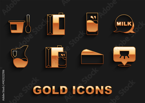 Set Paper package for milk, Lettering, Udder, Cheese, Milk jug pitcher, Glass with, Yogurt container spoon and kefir icon. Vector
