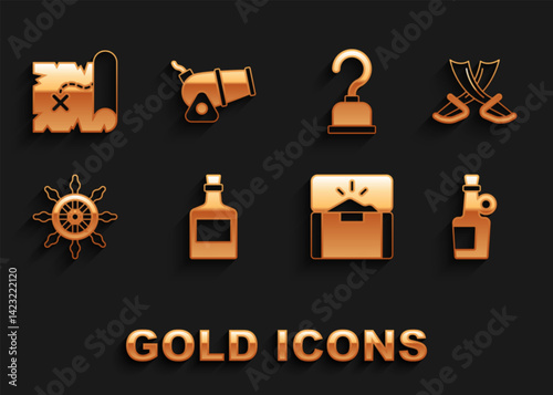 Set Alcohol drink Rum, Crossed pirate swords, Antique treasure chest, Ship steering wheel, Pirate hook, map and Cannon icon. Vector