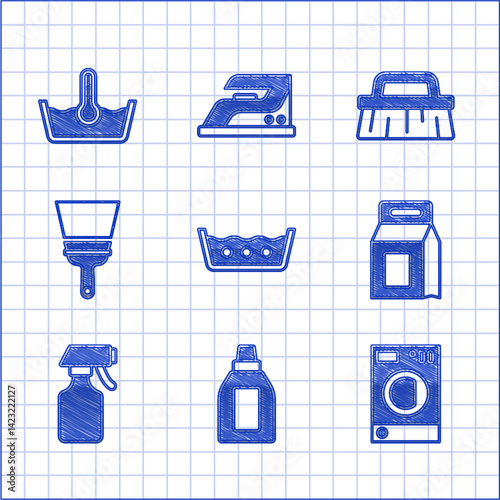 Set Temperature wash, Bottle for cleaning agent, Washer, Laundry detergent, Water spray bottle, Rubber cleaner windows, Brush and icon. Vector