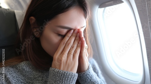 Young woman suffers from motion sickness in the airplane. Girl has a fear of her first plane trip. Air flight