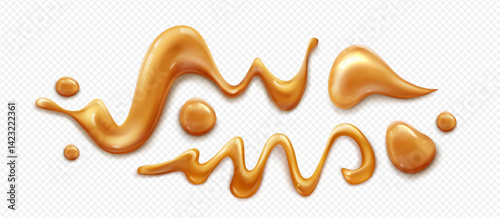 Caramel sauce dribbles and syrup splashes on transparent background. Liquid brown toffee flow trails, gooey candy stream blobs. Smooth flowing golden maple glaze drops, sweet honey topping elements